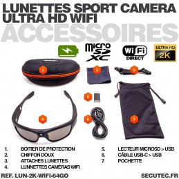 Lunettes caméra sport WiFi HD 1080P grand angle 16 Go avec  enregistrement sur carte micro SDHC