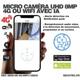Mini caméra de surveillance 4G ou WiFi à intégrer accès à distance via  iPhone Android enregistrement Ultra HD 4K sur micro SD 12