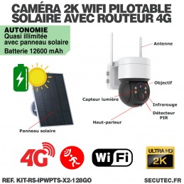 Caméra solaire WiFi Ultra grand angle double objectifs UHD 4K 8MP détection  de mouvement avec alerte sirène waterproof 128Go