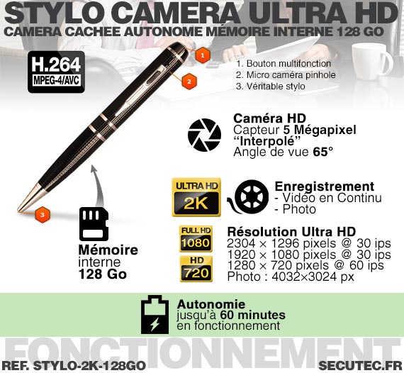 Stylo-caméra 2K avec fonction photo et détection de mouvements - PEARL
