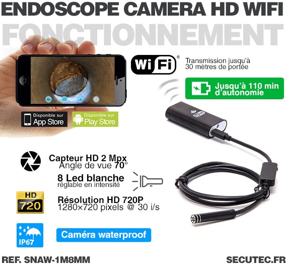 CAMÉRA ENDOSCOPIQUE HD - image sur smartphone ou tablette en WIFI -  [PEARLTV.FR] 