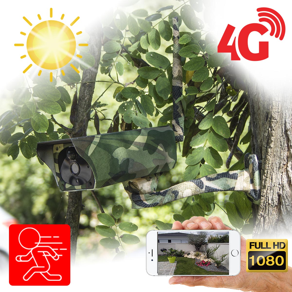 Caméra camouflage solaire 3G 4G IP Wi-Fi extérieure HD 1080P, détecteur ...