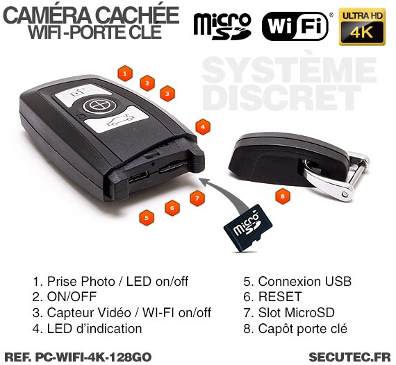 Clé de voiture caméra cachée WIFI Ultra HD 4K