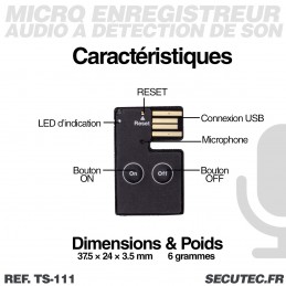 Micro espion enregistreur Haute Définition Mémoire interne 8Go